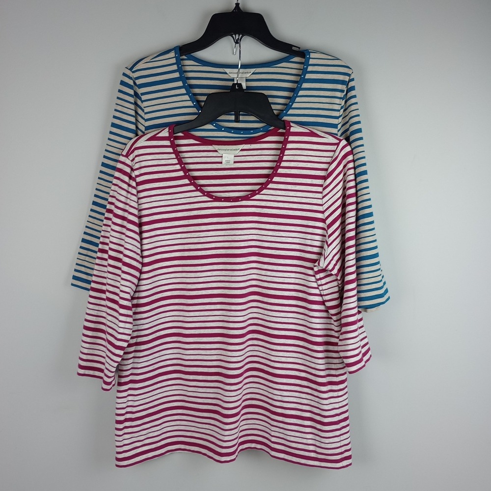 Christopher & Banks Womens L Blue Pink Striped Studded 3/4 Sleeve Knit Top 2 Pk